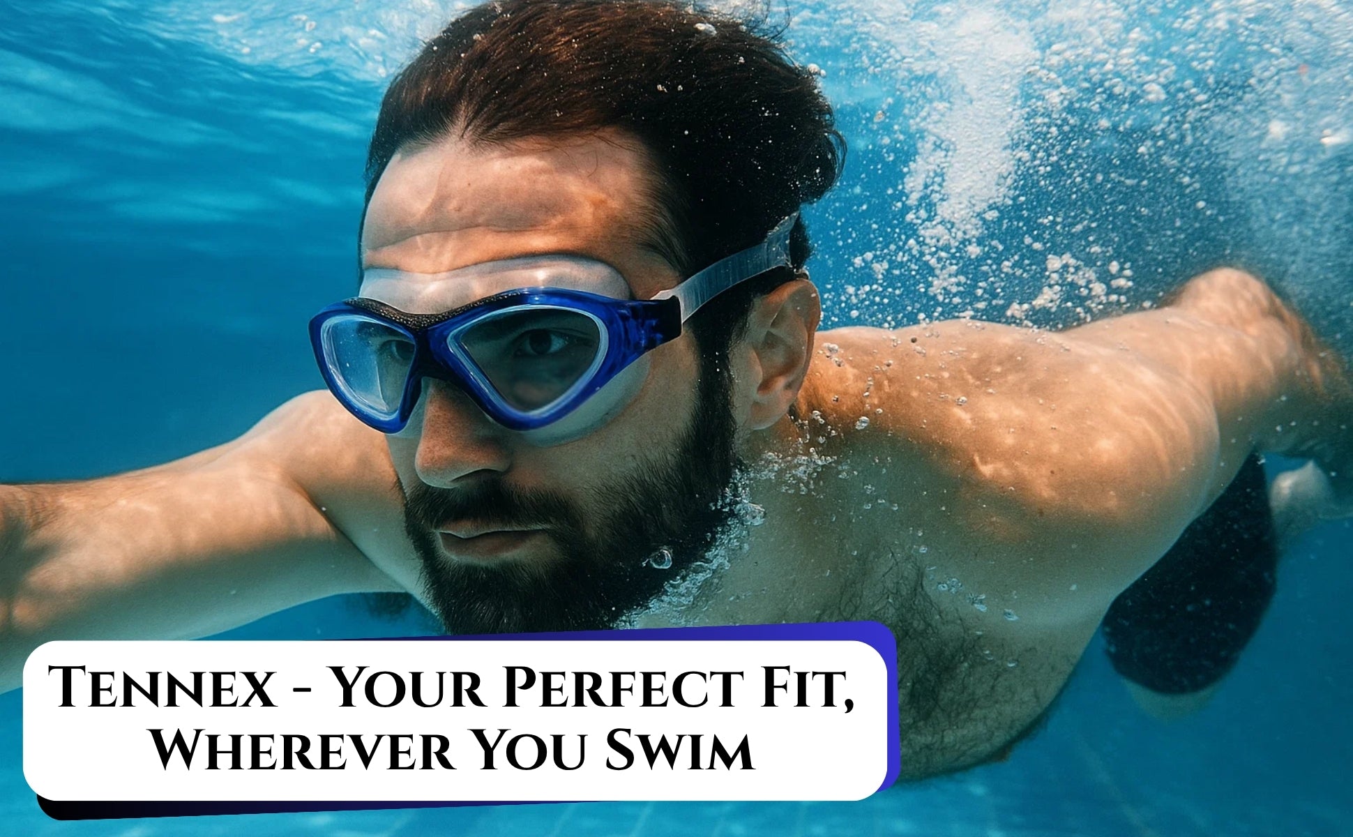 Man swimming underwater with a blue mask, text overlay 'Tennex - Your Perfect Fit, Wherever You Swim'.