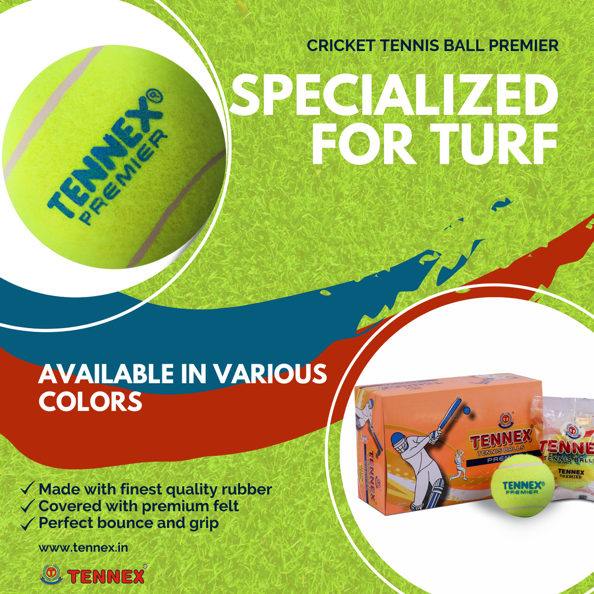 Cricket Tennis Ball Premier Light Weight (Pack of 6) - Turf / Box Cricket Underarm