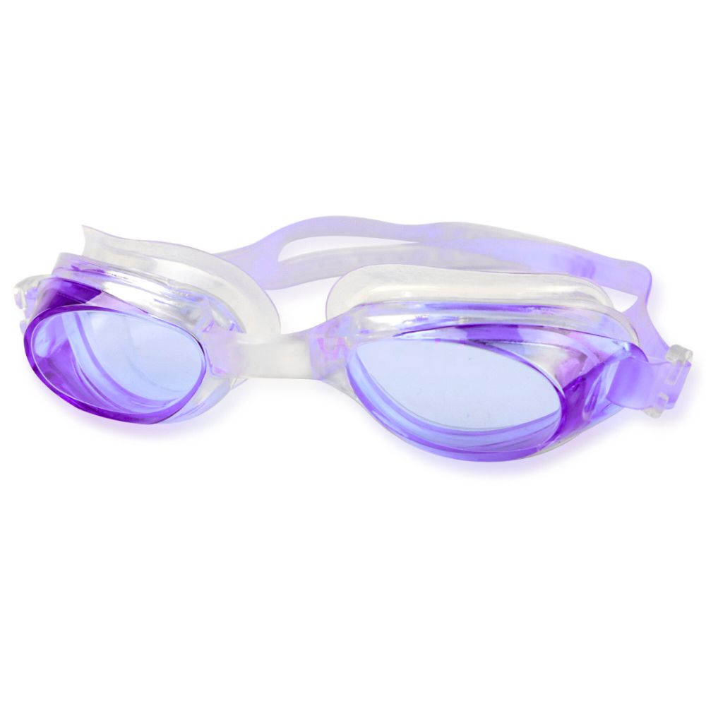 Purple and white swim goggles