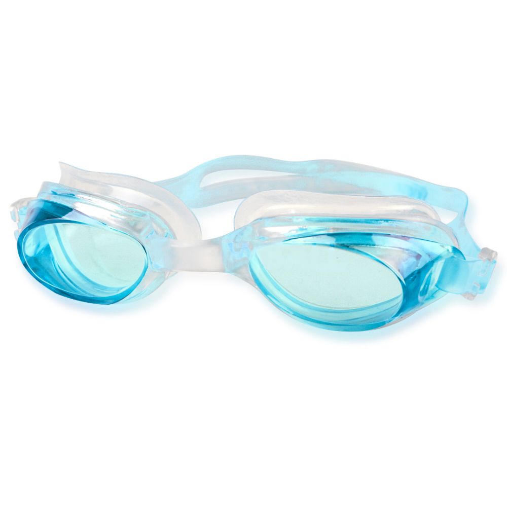 Blue swim goggles with white frame