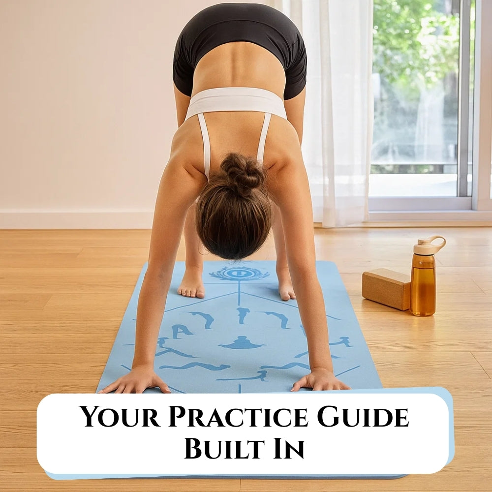 Yogi practicing yoga on a mat with text 'Your Practice Guide Built In' in a home setting