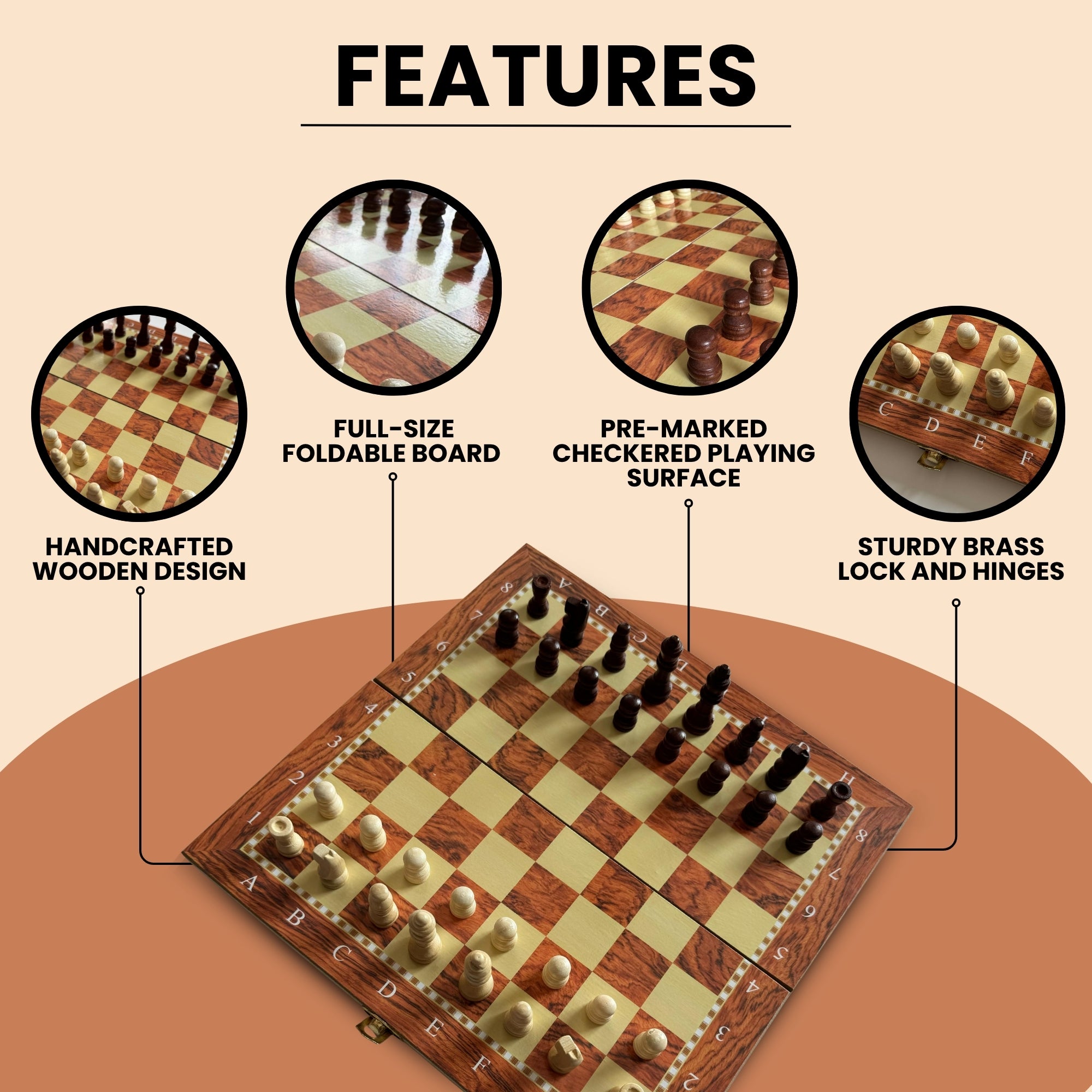 Wooden chessboard with pieces and features highlighted on a beige background