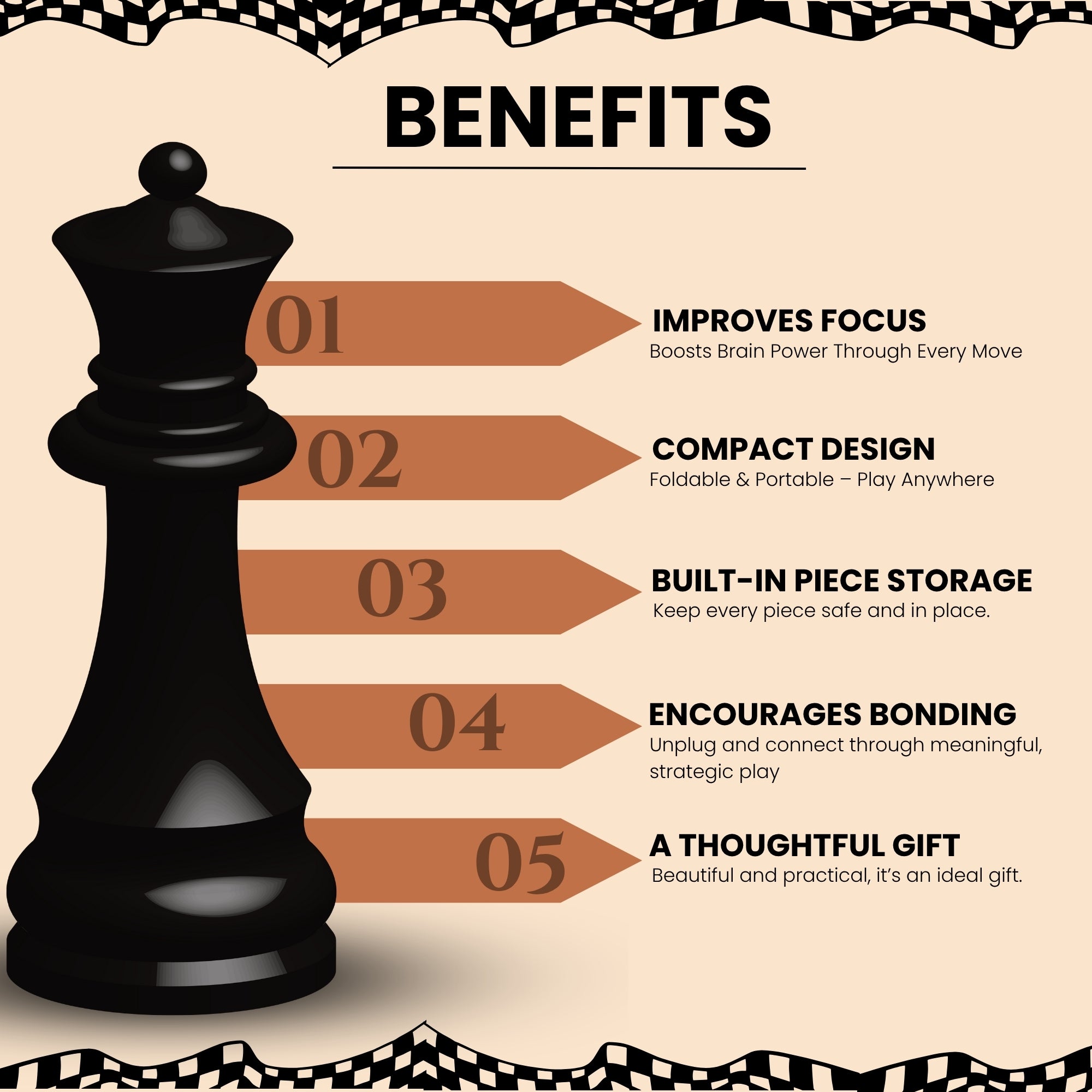 Chess piece with benefits listed on a beige background